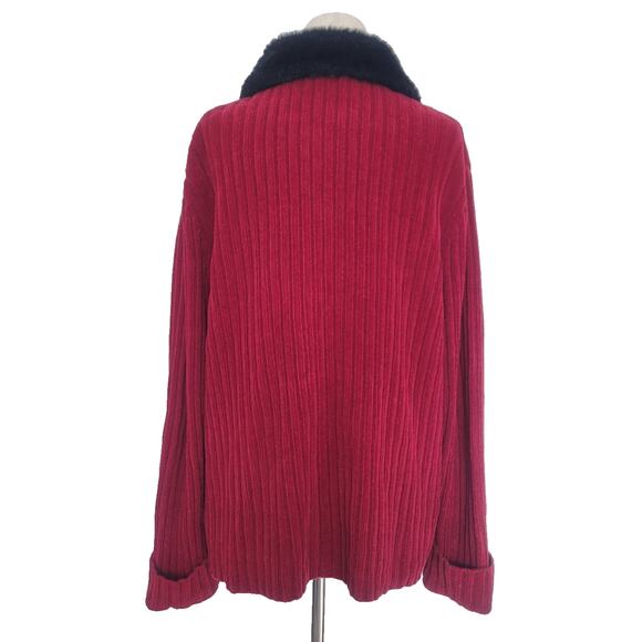 Vintage Designers Originals Fur Trim Knit Zip Up Cardigan Size M Red Preppy - Picture 3 of 6